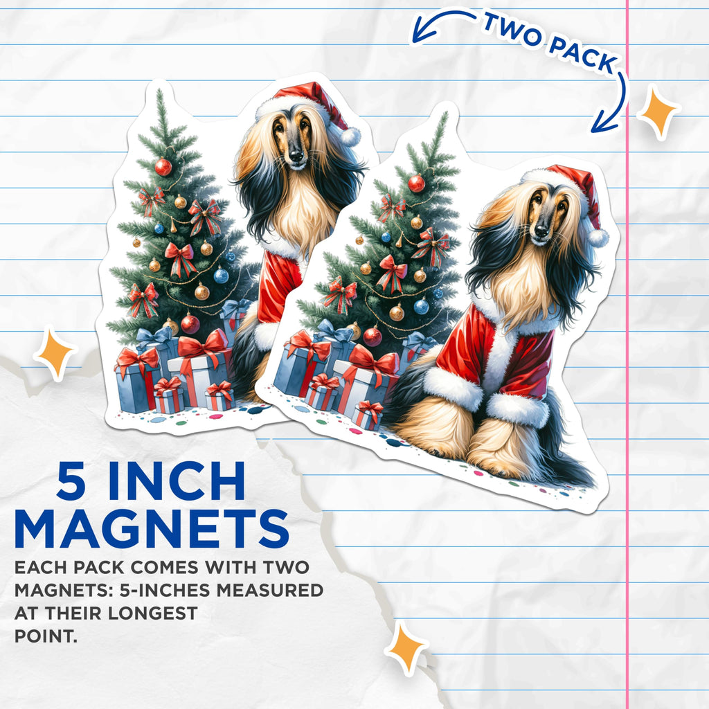 (2 Pack) Afghan Hound Christmas Magnets - Santa Dog Holiday Fridge Decor - Pet Lover Festive Art - 5 Inches On Longest Side - Thick Durable Magnet - Made in USA - MAG25426