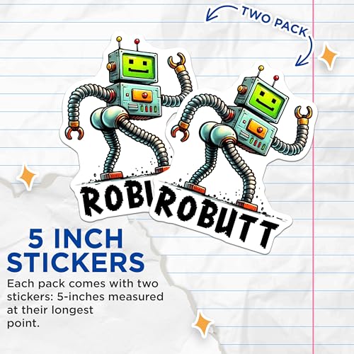 (2 Pack) Robotic Humor Stickers - Funny Robot - Quirky Decals - 5" On Longest Side - Sticks to Smooth Flat Surfaces - Made in USA - BMCS9688