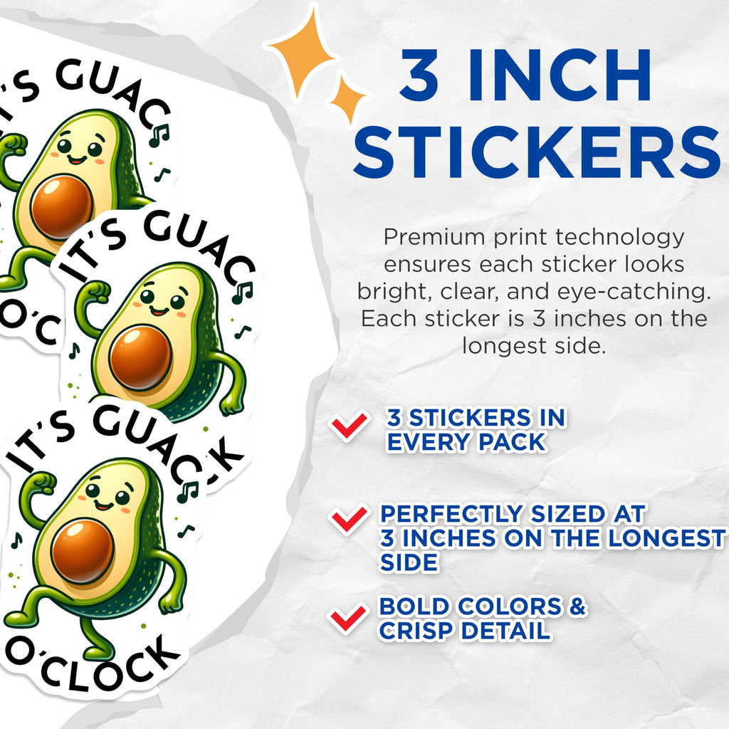 (3 Pack) Avocado Decals - Guac Oclock - Funny Foodie Stickers - 3 Inches On Longest Side - Easy Peel & Apply - Made in USA - 3MCS7557