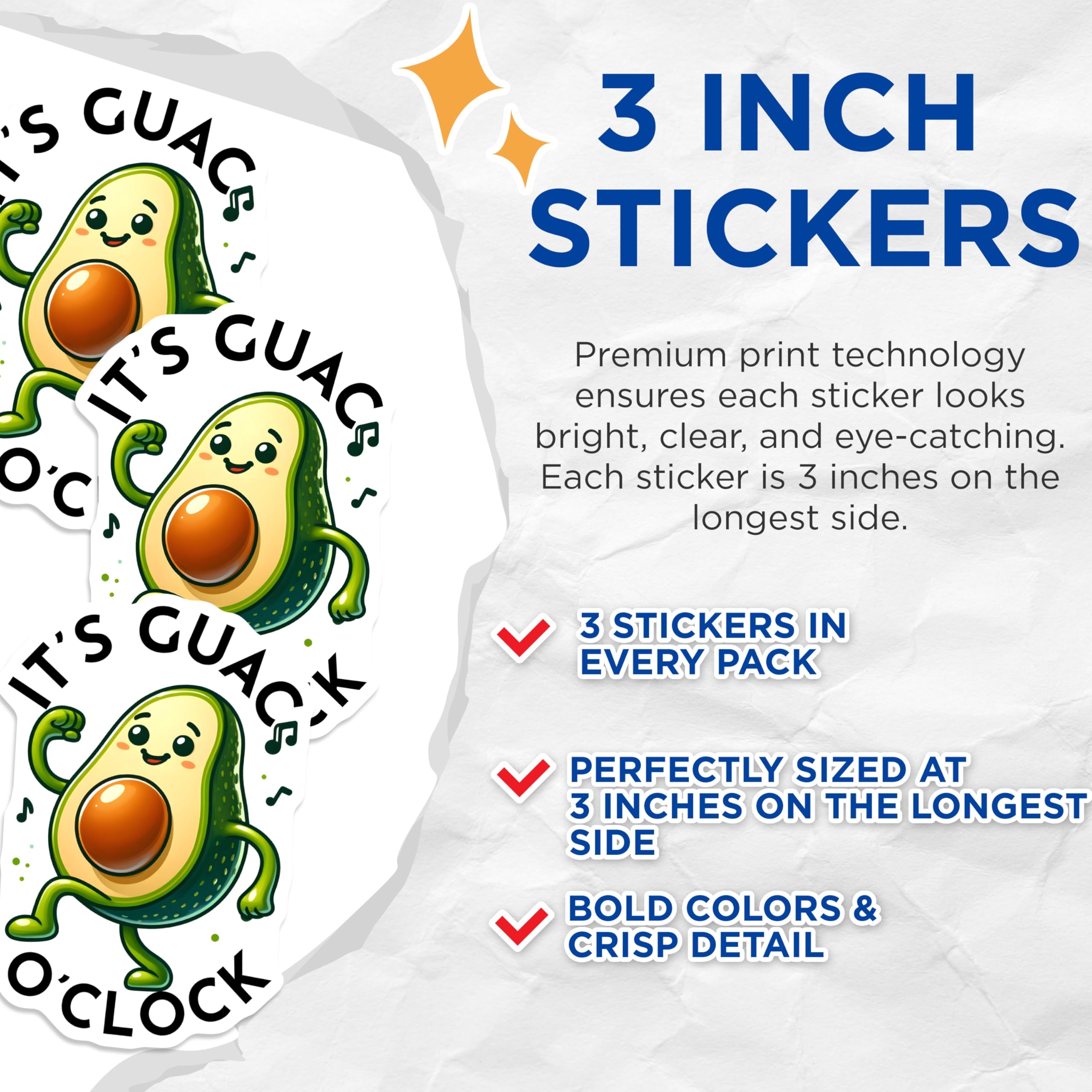 (3 Pack) Avocado Decals - Guac Oclock - Funny Foodie Stickers - 3 Inches On Longest Side - Easy Peel & Apply - Made in USA - 3MCS7557
