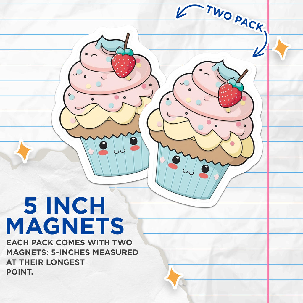 (2 Pack) Kawaii Cupcake Magnets - Cute Dessert Foodie Decor - Refrigerator Locker Accessories for Kids Teens - 5 Inches On Longest Side - Thick Durable Magnet - Made in USA - MAG36566