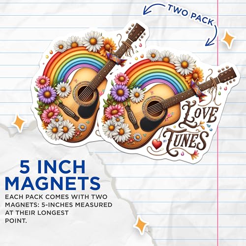 (2 Pack) Love Tunes Magnets Magnets - Rainbow Guitar and Flowers - Home Decor - 5" On Longest Side - Made in USA - Sticks to Refrigerators & Metal Surfaces - MAG8840