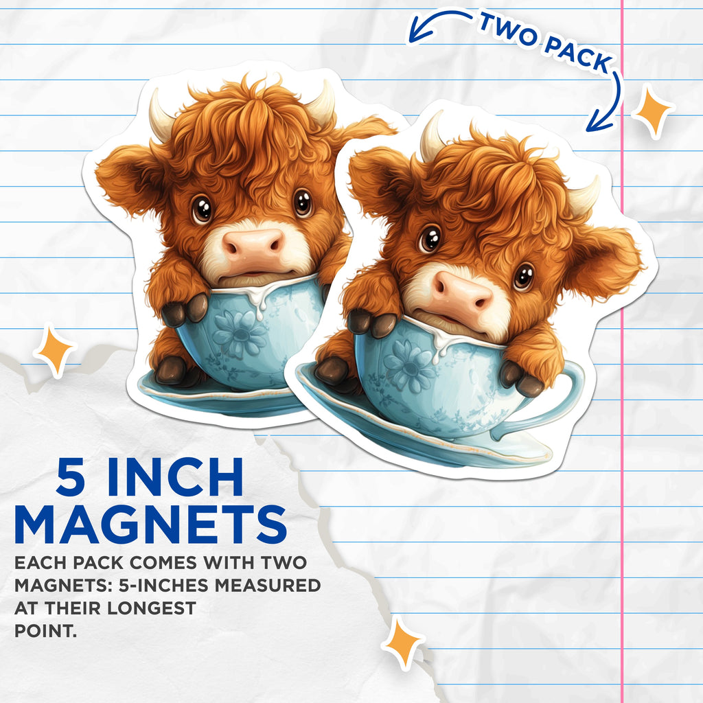 (2 Pack) Cute Highland Cow Magnets - Teacup Animal Decor - Farmhouse Refrigerator Accents - 5 Inches On Longest Side - Thick Durable Magnet - Made in USA - MAG39670