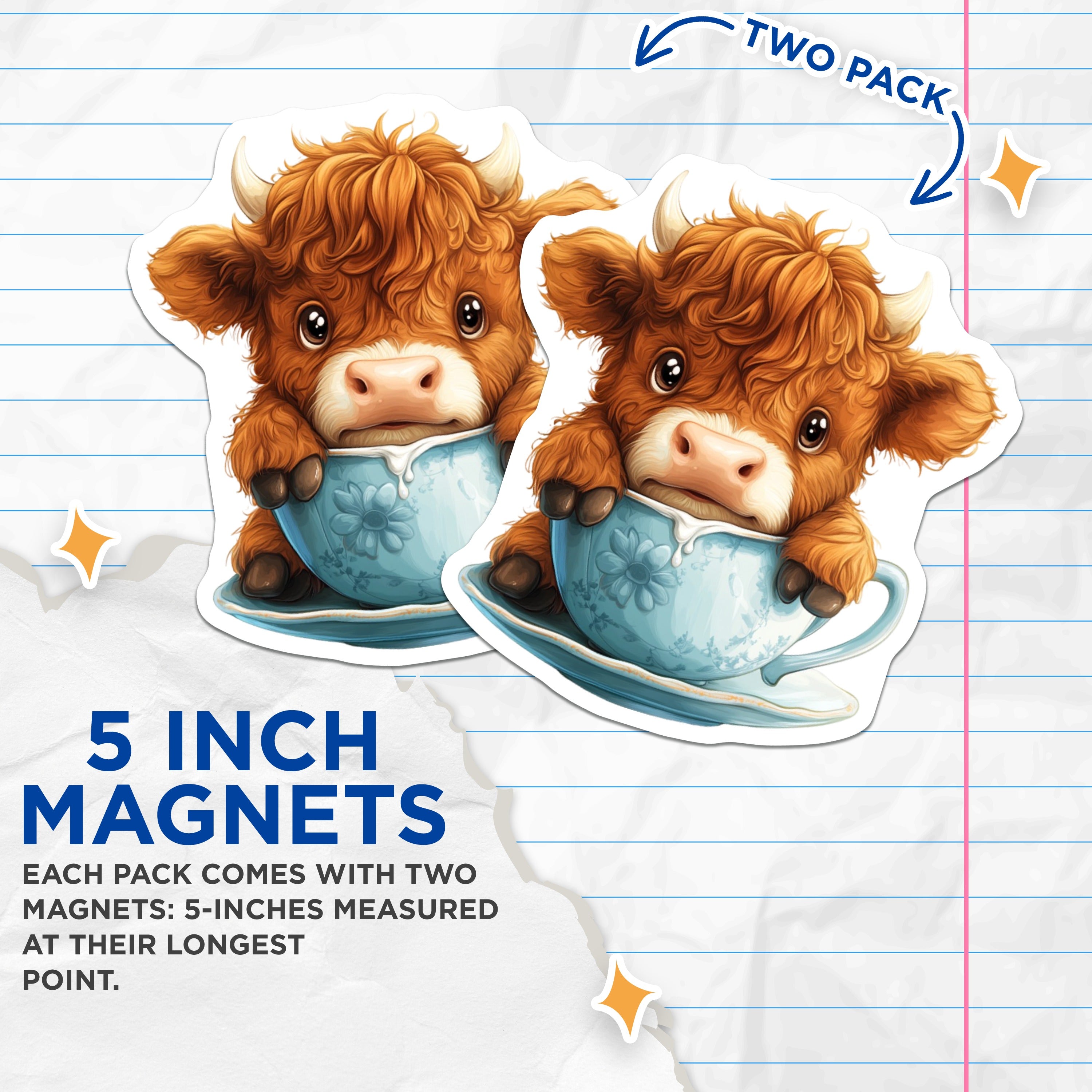 (2 Pack) Cute Highland Cow Magnets - Teacup Animal Decor - Farmhouse Refrigerator Accents - 5 Inches On Longest Side - Thick Durable Magnet - Made in USA - MAG39670