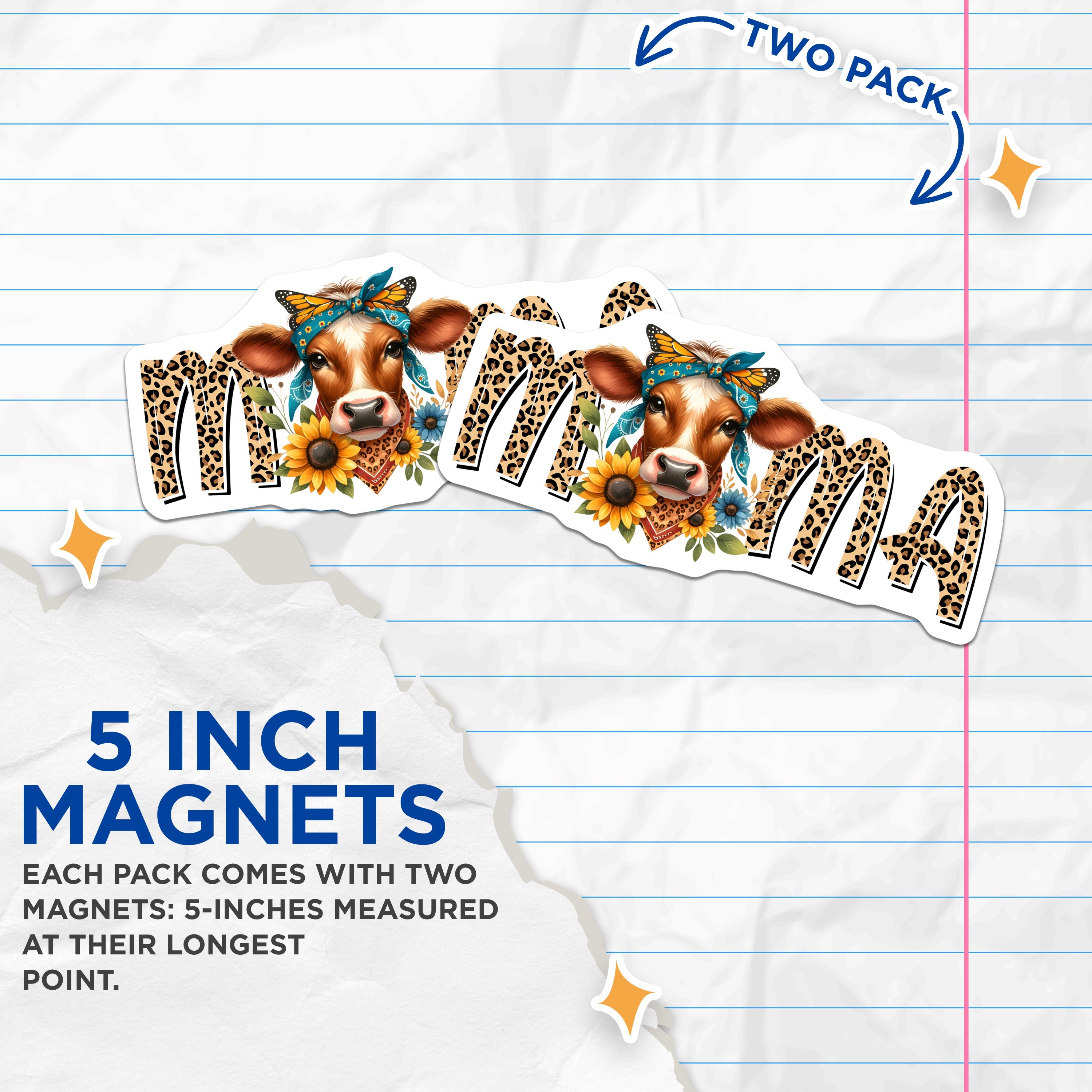 (2 Pack) Mama Cow Magnets - Leopard Print Country Accent - Farmhouse Refrigerator Design - 5 Inches On Longest Side - Thick Durable Magnet - Made in USA - MAG39112
