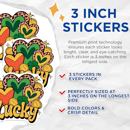 (3 Pack) Lucky Decals - St Patricks Day Decor - Clover and Hearts- 3 Inches On Longest Side - Easy Peel & Apply - Made in USA - 3MCS5152