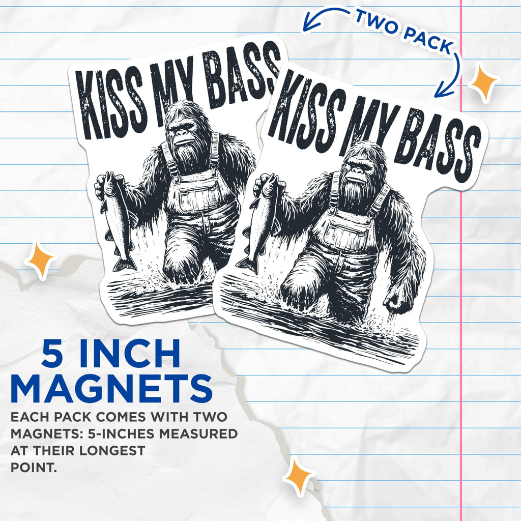 (2 Pack) Bigfoot Fishing Magnets - Humorous Lake Angler Refrigerator Art - Sasquatch Bass Fisher Cabin Decor - 5 Inches On Longest Side - Thick Durable Magnet - Made in USA - MAG20928