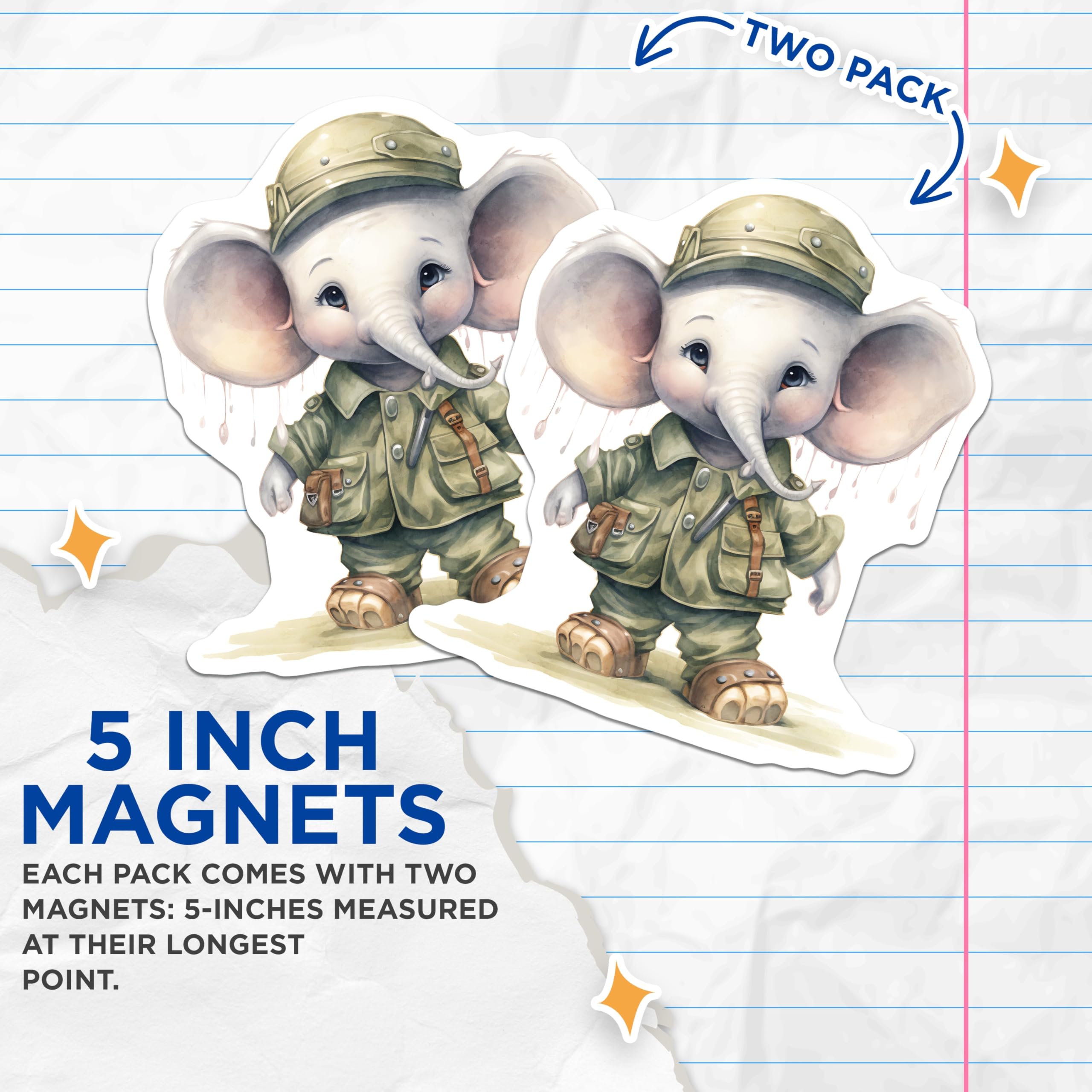 (2 Pack) Safari Elephant Magnets - Cute Animal Magnets - Fridge Magnets - 5" On Longest Side - Premium Magnet - for Cars, Refrigerators, Toolboxes, Lockers - Made in USA - MAG17071