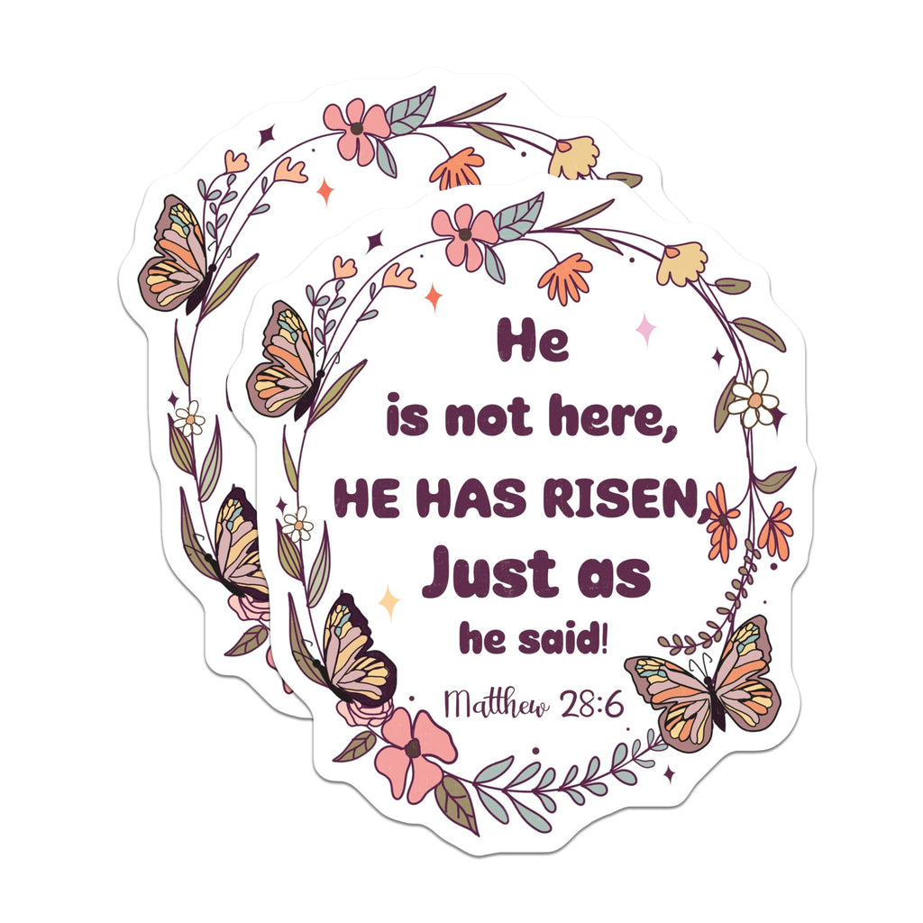 (2 Pack) He Has Risen Stickers - Inspirational Christian Quote - Faith-Based Decor - 5" On Longest Side - Sticks to Smooth Flat Surfaces - Made in USA - BMCS7286