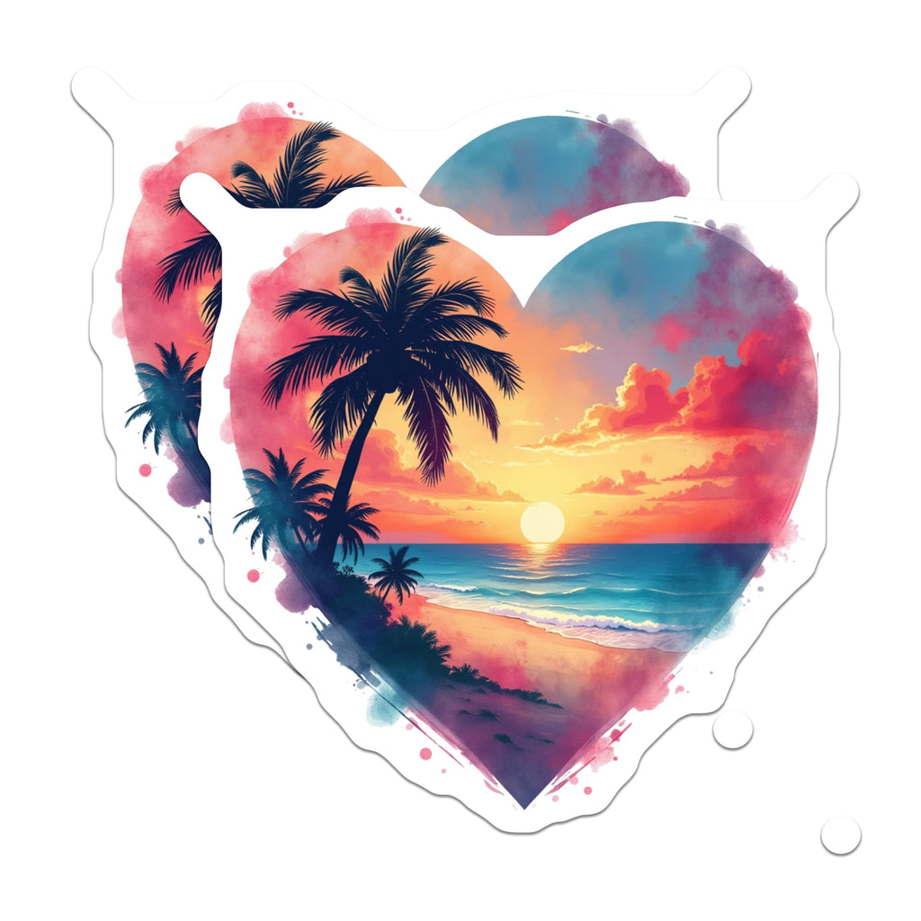 (2 Pack) Sunset Beach Magnets - Heart Ocean Scene - Palm Tree Refrigerator Decor - 5 Inches On Longest Side - Thick Durable Magnet - Made in USA - MAG25286