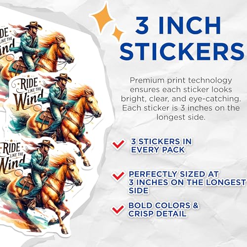(3 Pack) Cowboy Horse Decals - Ride Like The Wind Stickers - Western Laptop Decal- 3 Inches On Longest Side - Easy Peel & Apply - Made in USA - 3MCS5696