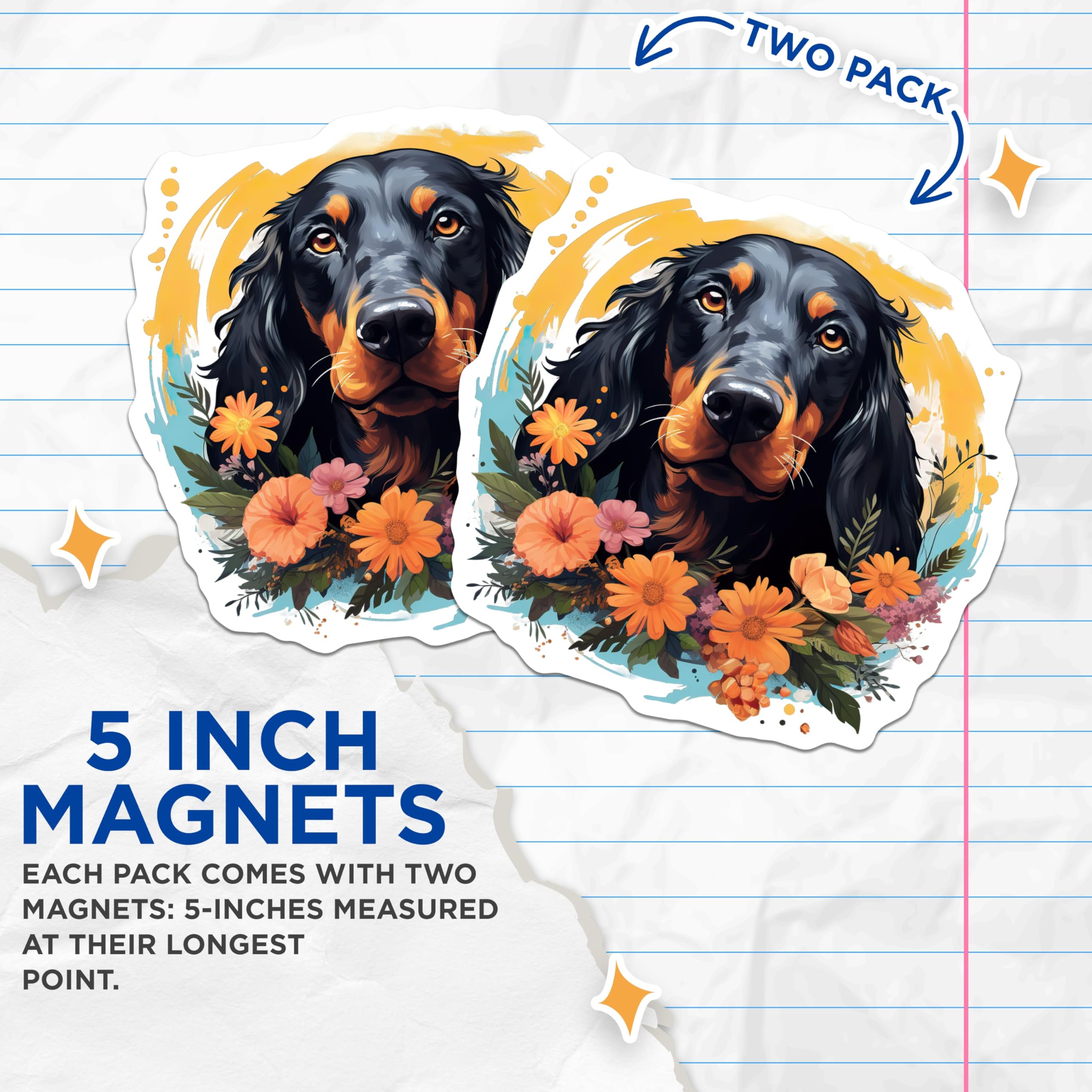 (2 Pack) Gordon Setter Magnets - Floral Dog Art Decor - Pet Lover Kitchen Accessories - 5 Inches On Longest Side - Thick Durable Magnet - Made in USA - MAG28018