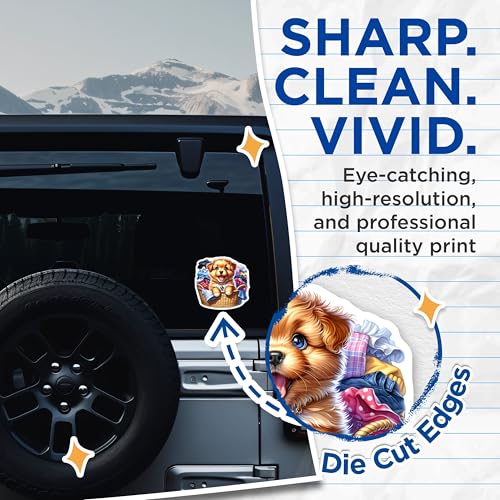 (2 Pack) Cute Puppy Stickers - Adorable Pet Stickers - Laundry Basket Puppy Decal - 5" On Longest Side - Sticks to Smooth Flat Surfaces - Made in USA - BMCS9415