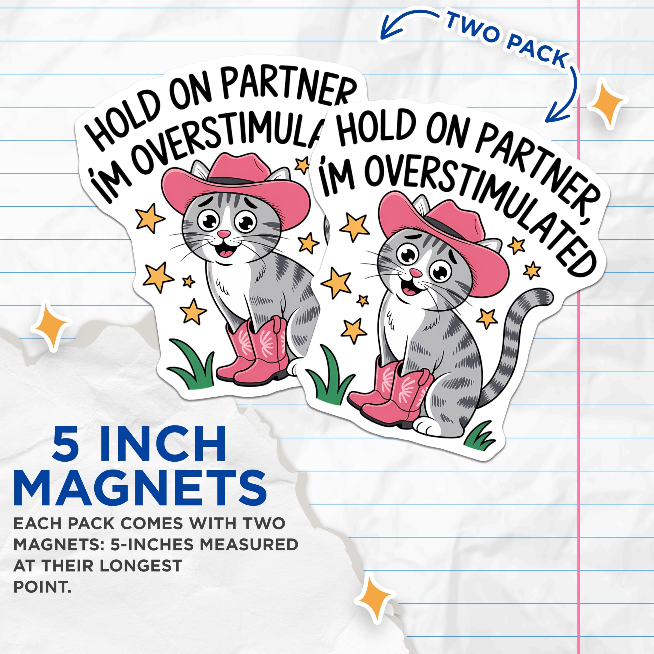 (2 Pack) Funny Overstimulated Cat Magnets - Western Kitty Humor - Neurodivergent Statement Magnet for Refrigerator - 5 Inches On Longest Side - Thick Durable Magnet - Made in USA - MAG20322