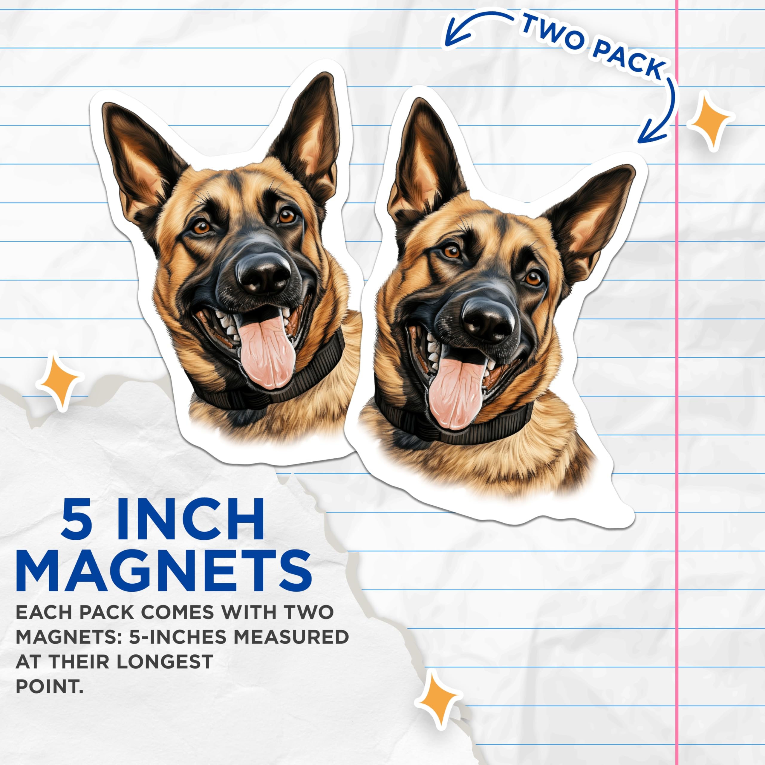 (2 Pack) German Shepherd Magnets - Smiling Dog Portrait - Pet Owner Refrigerator - 5 Inches On Longest Side - Thick Durable Magnet - Made in USA - MAG27917