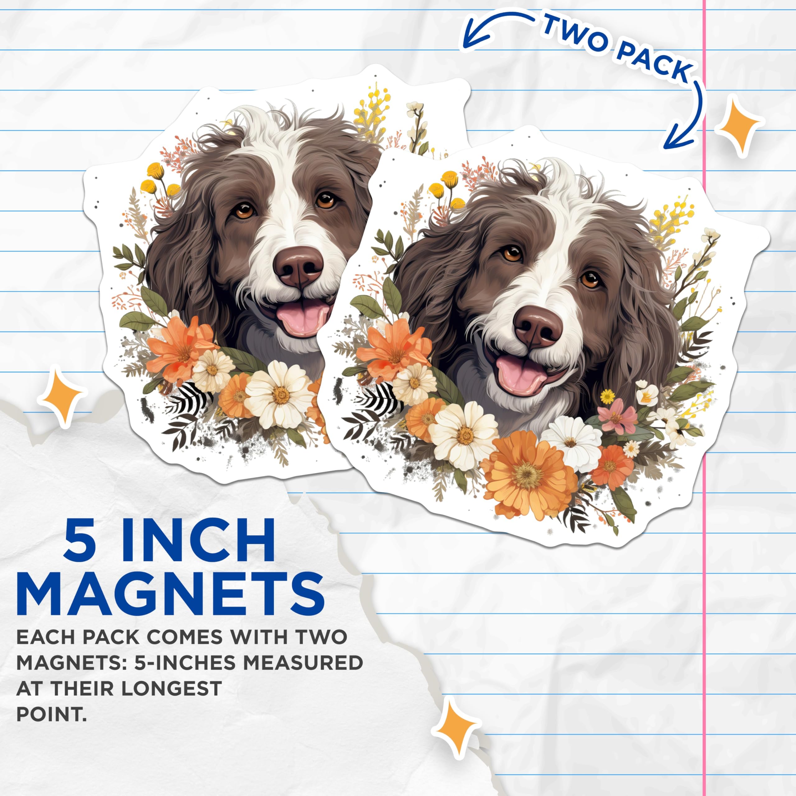 (2 Pack) Springer Spaniel Dog Magnets - Floral Pet Portrait - Dog Mom Refrigerator Decor - 5 Inches On Longest Side - Thick Durable Magnet - Made in USA - MAG24179