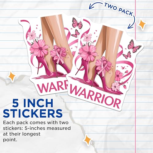 (2 Pack) Warrior Stickers - Breast Cancer Awareness - Inspirational Stickers - 5" On Longest Side - Sticks to Smooth Flat Surfaces - Made in USA - BMCS3983