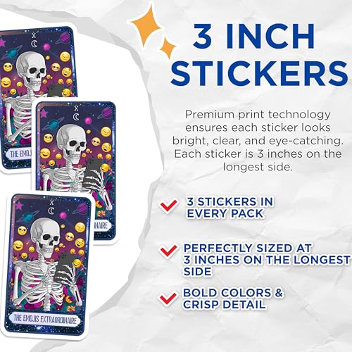 (3 Pack) Skeleton Emoji Decals - Funny Laptop Decals - Tarot Card Decal - 3 Inches On Longest Side - Easy Peel & Apply - Made in USA - 3MCS8759