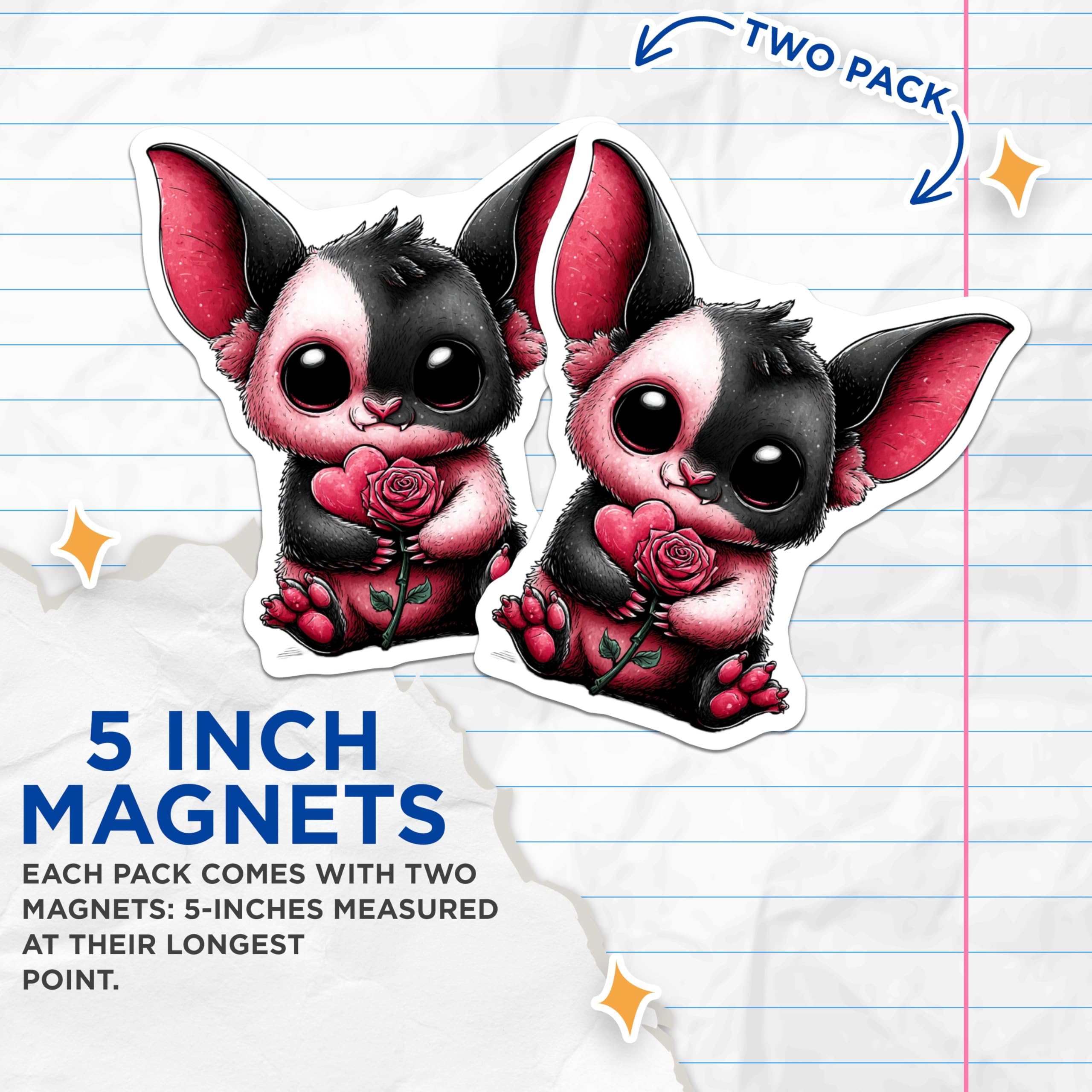 (2 Pack) Kawaii Bat Magnets - Cute Valentine Creature - Spooky Sweet Animal Fridge Magnets - Romantic Locker Decor Aesthetic - 5 Inches On Longest Side - Thick Durable Magnet - Made in USA - MAG20189