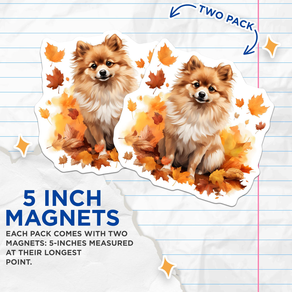 (2 Pack) Cute Pomeranian Dog Magnets - Autumn Fall Pet Lover Decor - Seasonal Refrigerator Locker Accessories - 5 Inches On Longest Side - Thick Durable Magnet - Made in USA - MAG25581