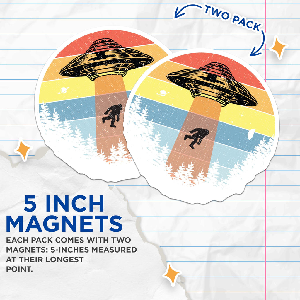 (2 Pack) Bigfoot Abduction Magnets - Humorous UFO Sasquatch Decor - Retro Alien Encounter Fridge Magnets Artwork - 5 Inches On Longest Side - Thick Durable Magnet - Made in USA - MAG20218
