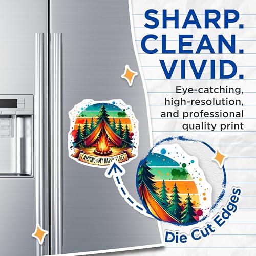 (2 Pack) Camping is My Happy Place Magnets - Campfire - Nature Art - Outdoor Adventure - Tent Magnets - 5" On Longest Side - for Cars, Fridges, Toolboxes - Made in USA - MAG6606