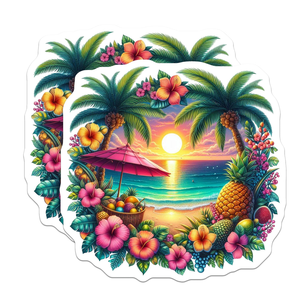 (2 Pack) Tropical Beach Magnets - Vibrant Hawaiian Sunset Ocean View - Palm Tree Hibiscus Pineapple Exotic Island Scene Decor - 5 Inches On Longest Side - Thick Durable Magnet - Made in USA - MAG21410