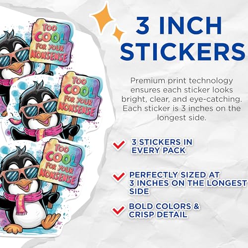 (3 Pack) Cool Penguin Decals - Funny Penguin Sticker - Laptop Decal - Too Cool Nonsense - 3 Inches On Longest Side - Easy Peel & Apply - Made in USA - 3MCS0924