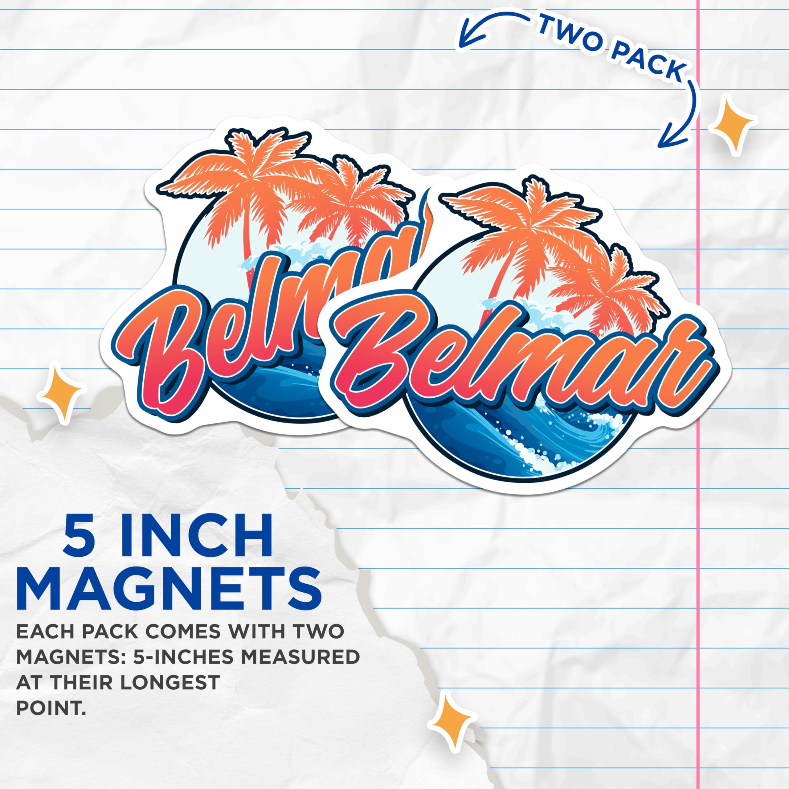 (2 Pack) Belmar New Jersey Magnets - Beach Town Souvenir - Coastal Fridge Decor - 5" On Longest Side - Premium Magnet - for Cars, Refrigerators, Toolboxes, Lockers - Made in USA - MAG18958