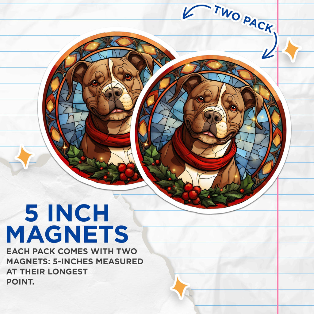 (2 Pack) Pitbull Christmas Stained Glass Magnets - Holiday Dog Decor - Pet Lover Accessory - 5 Inches On Longest Side - Thick Durable Magnet - Made in USA - MAG25045