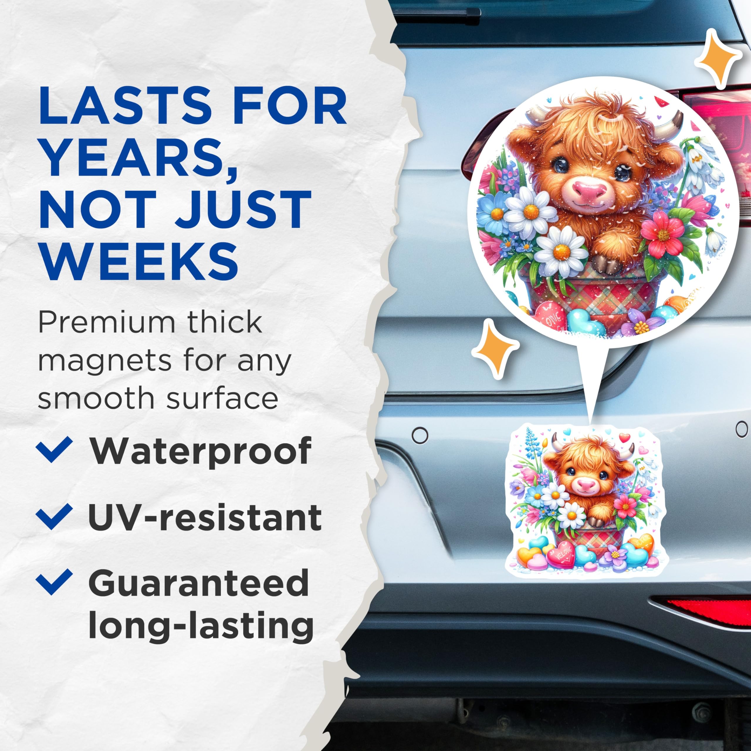 (2 Pack) Highland Cow Magnets - Floral Spring Decor - Cute Animal Magnets - 5" On Longest Side - Premium Magnet - for Cars, Refrigerators, Toolboxes, Lockers - Made in USA - MAG15941