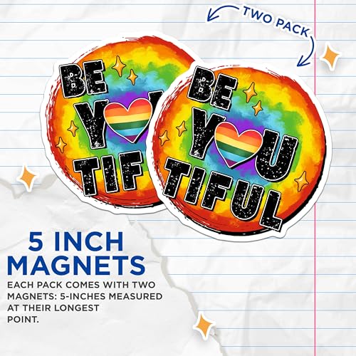 (2 Pack) Be You Tiful Magnets - Rainbow Pride - LGBTQ Inspirational Decor - Self Affirmation - 5" On Longest Side - for Cars, Fridges, Toolboxes - Made in USA - MAG8278
