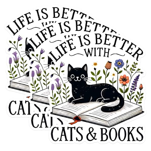 (3 Pack) Black Cat Decals - Life is Better with Cats and Books - Laptop Decals - 3 Inches On Longest Side - Easy Peel & Apply - Made in USA - 3MCS1596