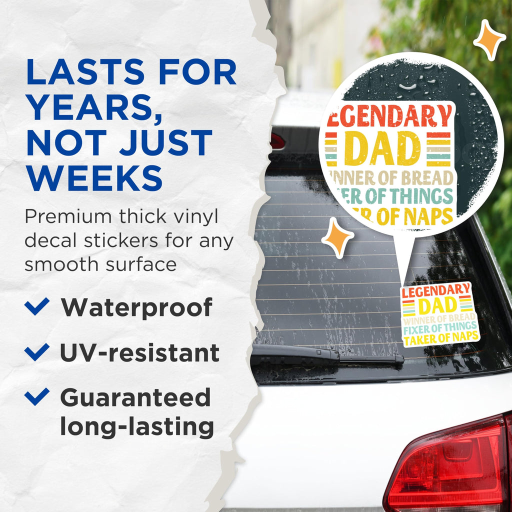 (2 Pack) Legendary Dad Stickers - Winner of Bread - Fixer of Things - Taker of Naps - 5" On Longest Side - Sticks to Smooth Flat Surfaces - Made in USA - BMCS4711
