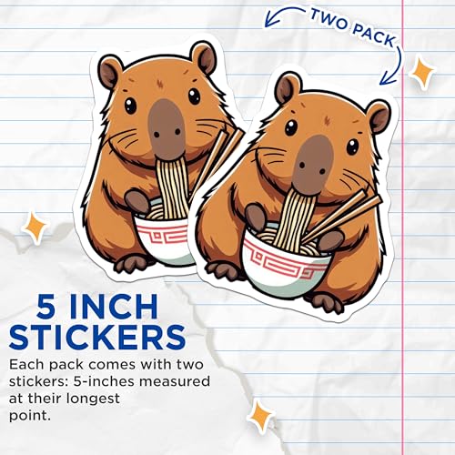 (2 Pack) Cute Capybara Eating Ramen Stickers - Animal Lover Art - Japanese Food Sticker - 5" On Longest Side - Sticks to Smooth Flat Surfaces - Made in USA - BMCS9916