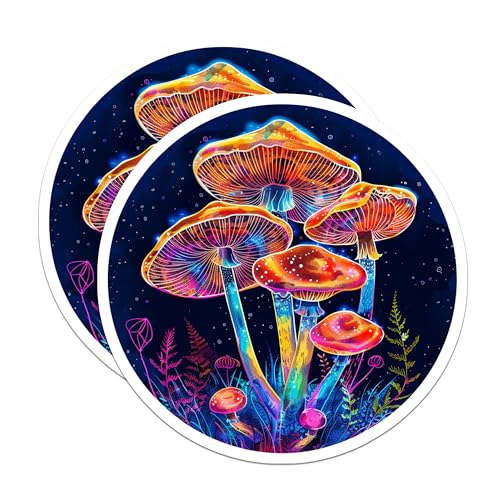 (2 Pack) Psychedelic Mushroom Stickers - Glow in The Dark Fungi - Vibrant Colorful Art Decal - 5" On Longest Side - Sticks to Smooth Flat Surfaces - Made in USA - BMCS6776