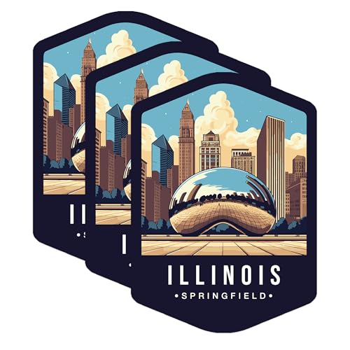 (3 Pack) Chicago Illinois Decals - Springfield Skyline - Travel Souvenir - 3 Inches On Longest Side - Easy Peel & Apply - Made in USA - 3MCS0354