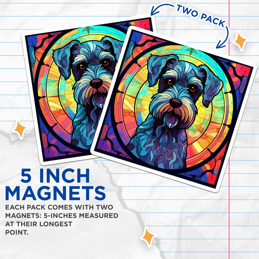 (2 Pack) Schnauzer Dog Magnets - Stained Glass Look - Fridge Decor - 5" On Longest Side - Premium Magnet - for Cars, Refrigerators, Toolboxes, Lockers - Made in USA - MAG16179
