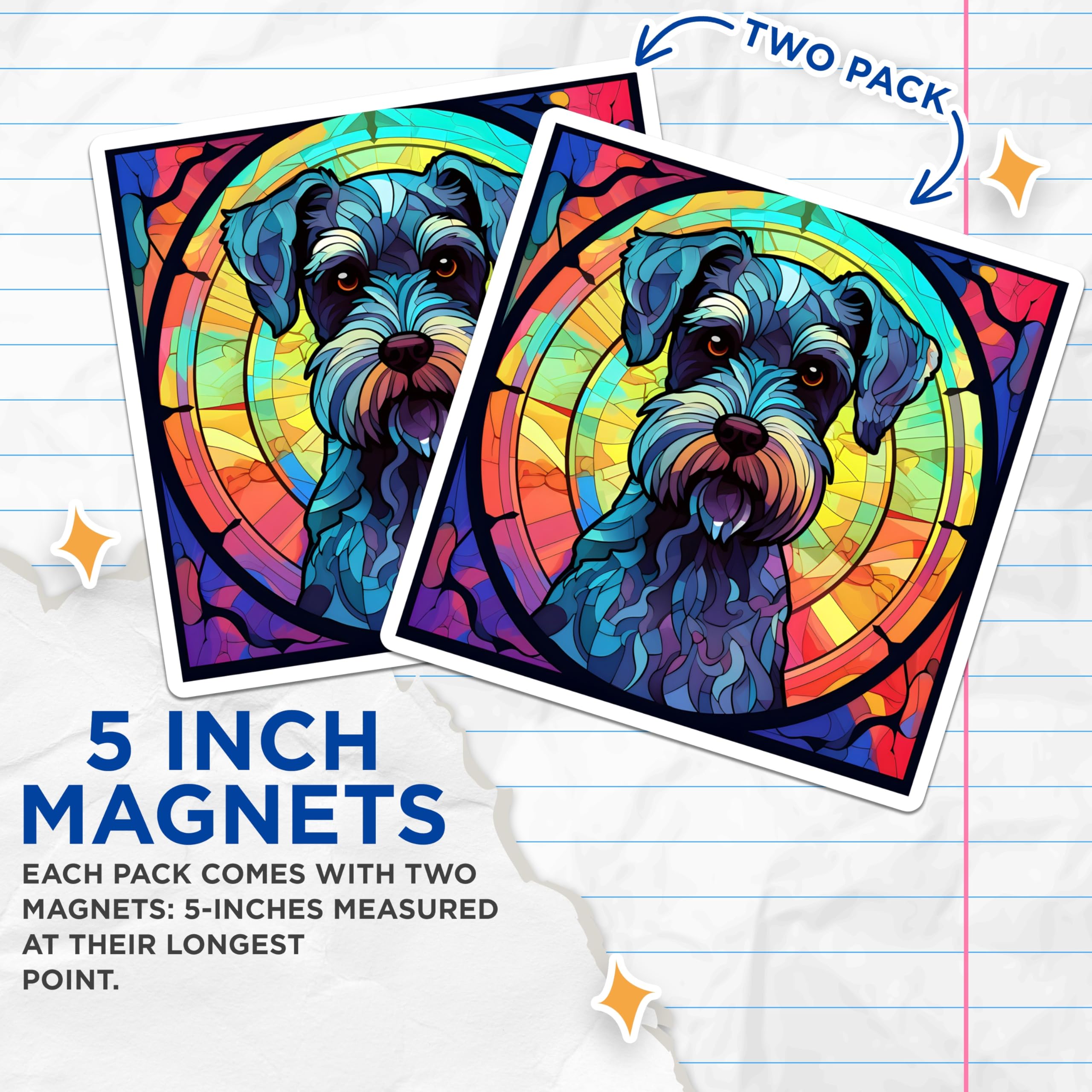 (2 Pack) Schnauzer Dog Magnets - Stained Glass Look - Fridge Decor - 5" On Longest Side - Premium Magnet - for Cars, Refrigerators, Toolboxes, Lockers - Made in USA - MAG16179