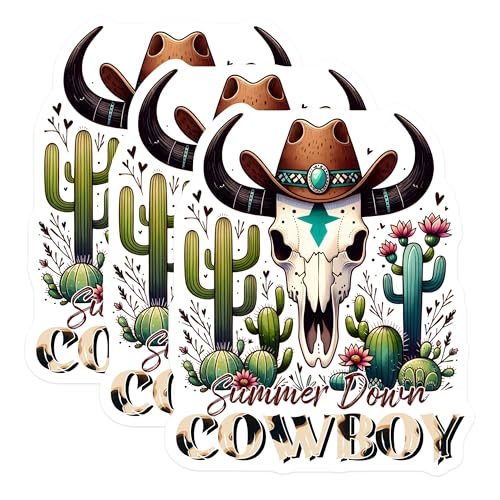 (3 Pack) Cowboy Decals - Summer Down Western Decal - Cactus Skull Decal - 3 Inches On Longest Side - Easy Peel & Apply - Made in USA - 3MCS1924