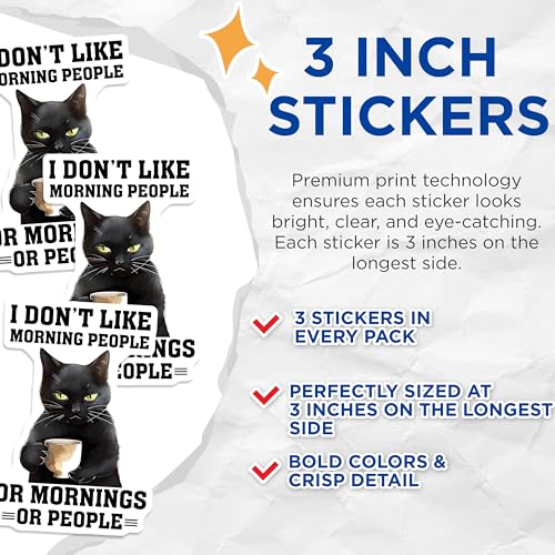(3 Pack) Funny Cat Decals - Coffee Lover Decal - I Hate Morning People - Laptop Decal - 3 Inches On Longest Side - Easy Peel & Apply - Made in USA - 3MCS6502