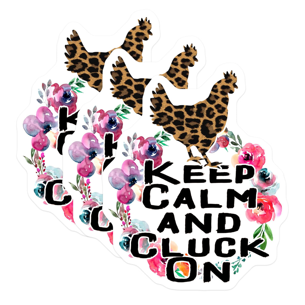 (3 Pack) Keep Calm Cluck On Decals - Leopard Chicken Decal - Floral Chicken Laptop Decal - 3 Inches On Longest Side - Easy Peel & Apply - Made in USA - 3MCS4403