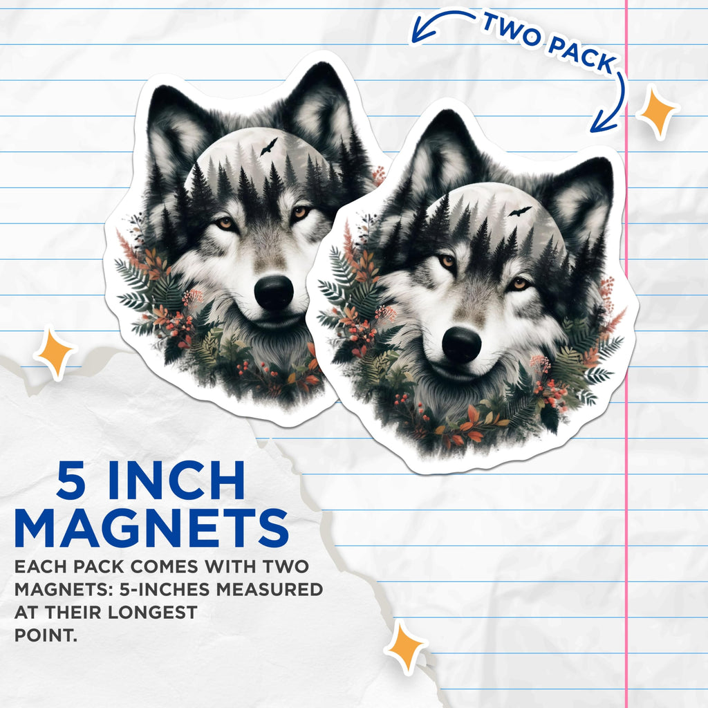 (2 Pack) Wolf Forest Magnets - Animal Art Decor - Fridge Magnets Home Decor - 5" On Longest Side - Premium Magnet - for Cars, Refrigerators, Toolboxes, Lockers - Made in USA - MAG14883
