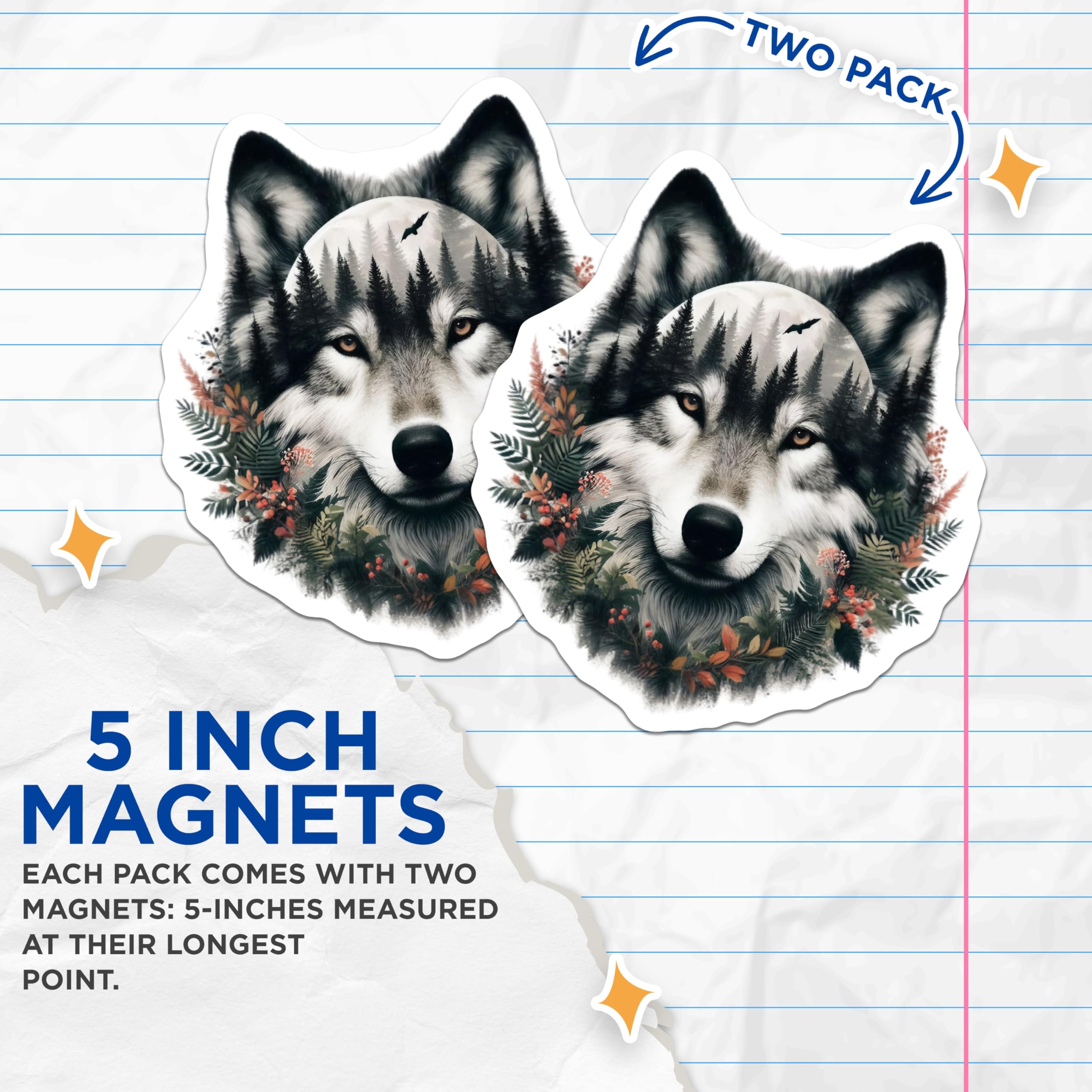 (2 Pack) Wolf Forest Magnets - Animal Art Decor - Fridge Magnets Home Decor - 5" On Longest Side - Premium Magnet - for Cars, Refrigerators, Toolboxes, Lockers - Made in USA - MAG14883