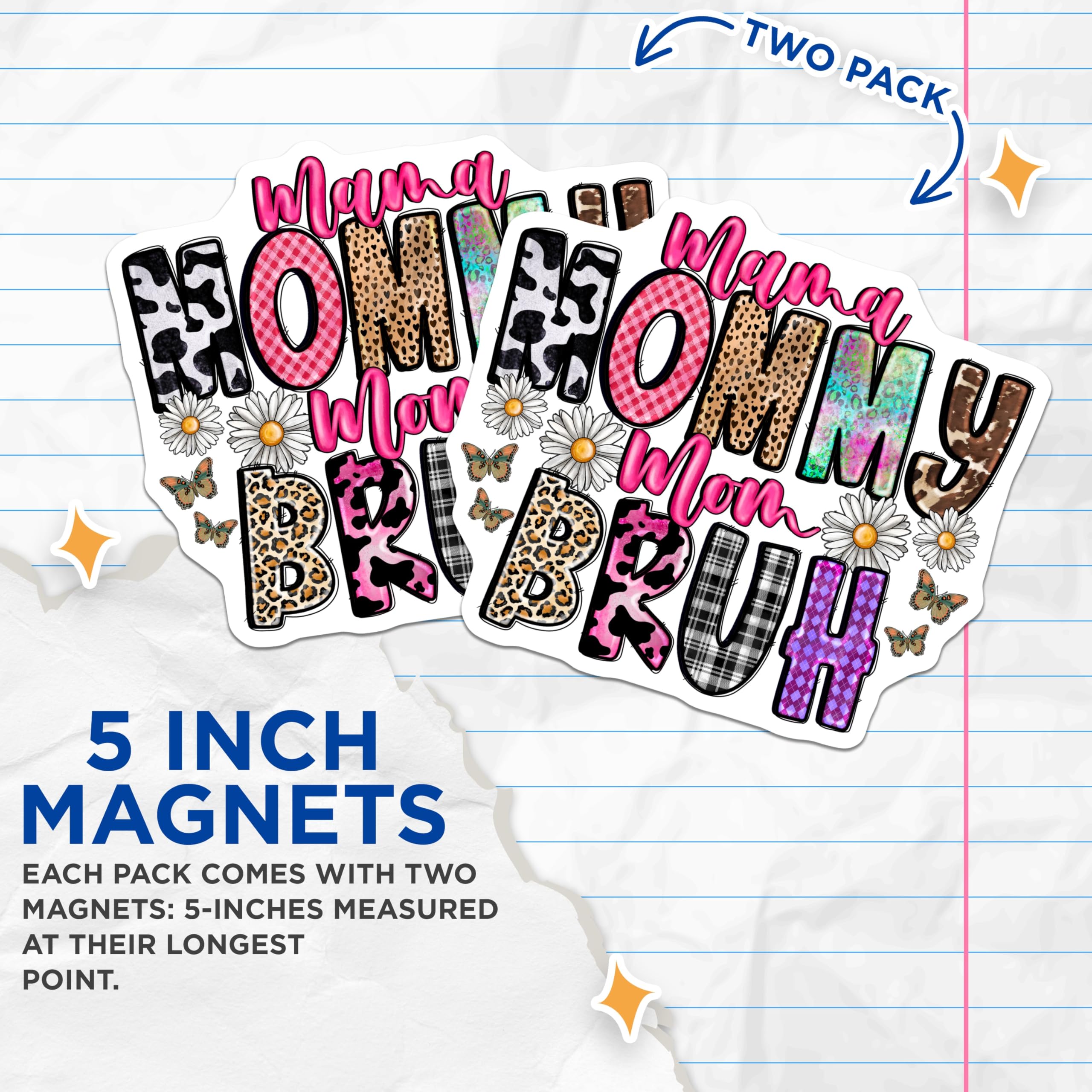 (2 Pack) Mama Mommy Mom Bruh Magnets - Sarcastic Mom Life - Trendy Motherhood Decor - 5 Inches On Longest Side - Thick Durable Magnet - Made in USA - MAG25897