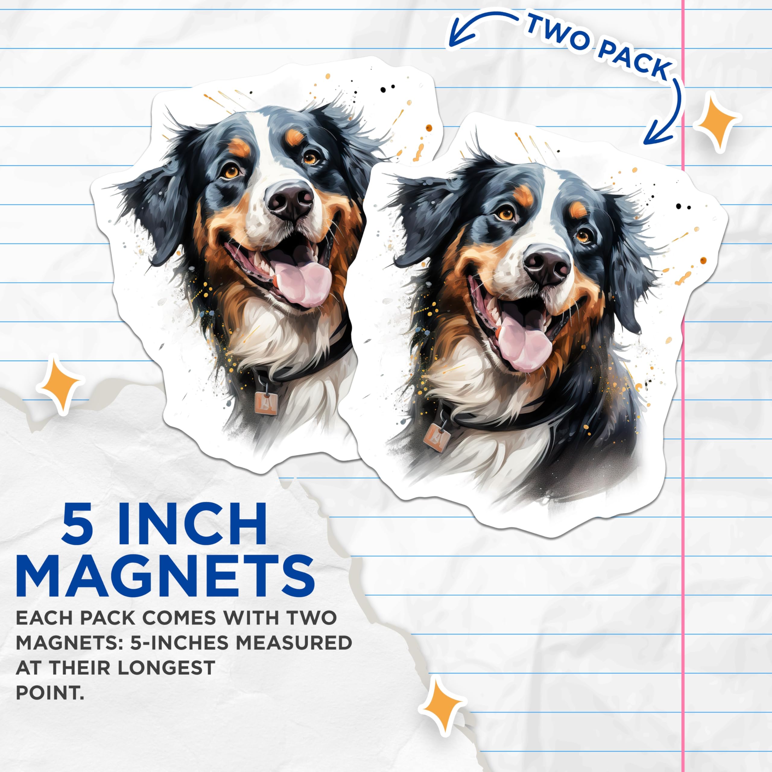(2 Pack) Bernese Mountain Dog Magnets - Watercolor Dog Art - Happy Bernese Pet Lover Fridge Decor Animal Art - 5 Inches On Longest Side - Thick Durable Magnet - Made in USA - MAG26992