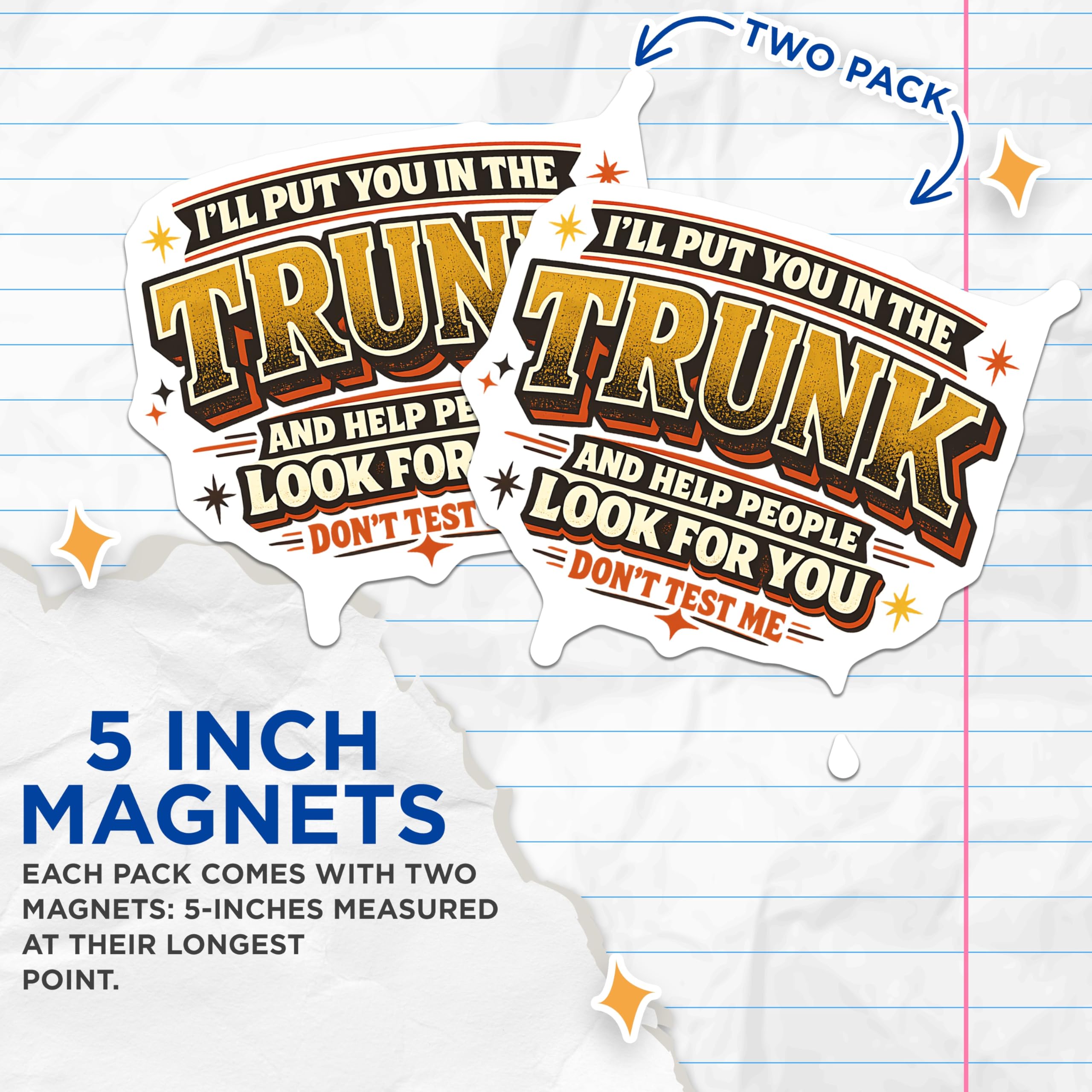 (2 Pack) Funny Trunk Quote Magnets - Dont Test Me Humor - Sarcastic Saying Decor - 5 Inches On Longest Side - Thick Durable Magnet - Made in USA - MAG22077