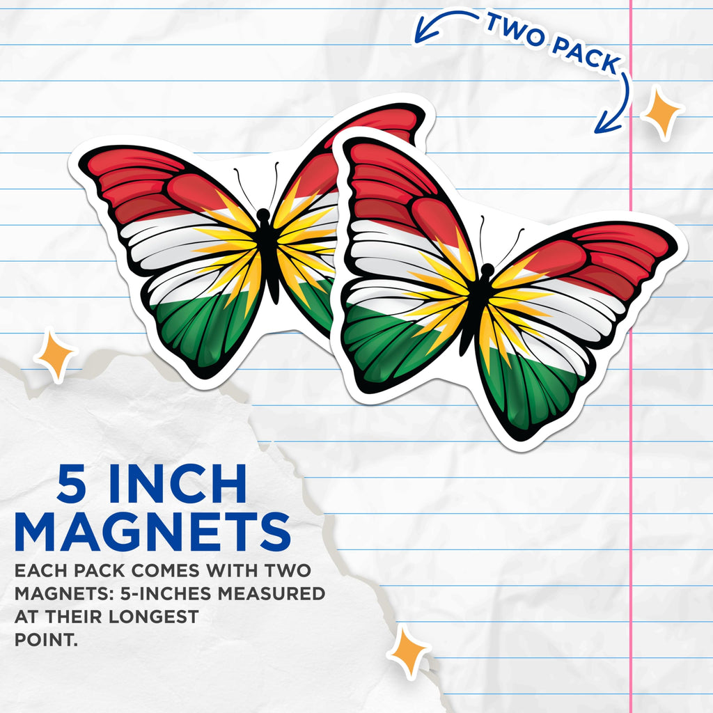 (2 Pack) Kurdish Flag Butterfly Magnets - Kurdistan Theme - Kurdish Pride Decor - 5" On Longest Side - Premium Magnet - for Cars, Refrigerators, Toolboxes, Lockers - Made in USA - MAG17733