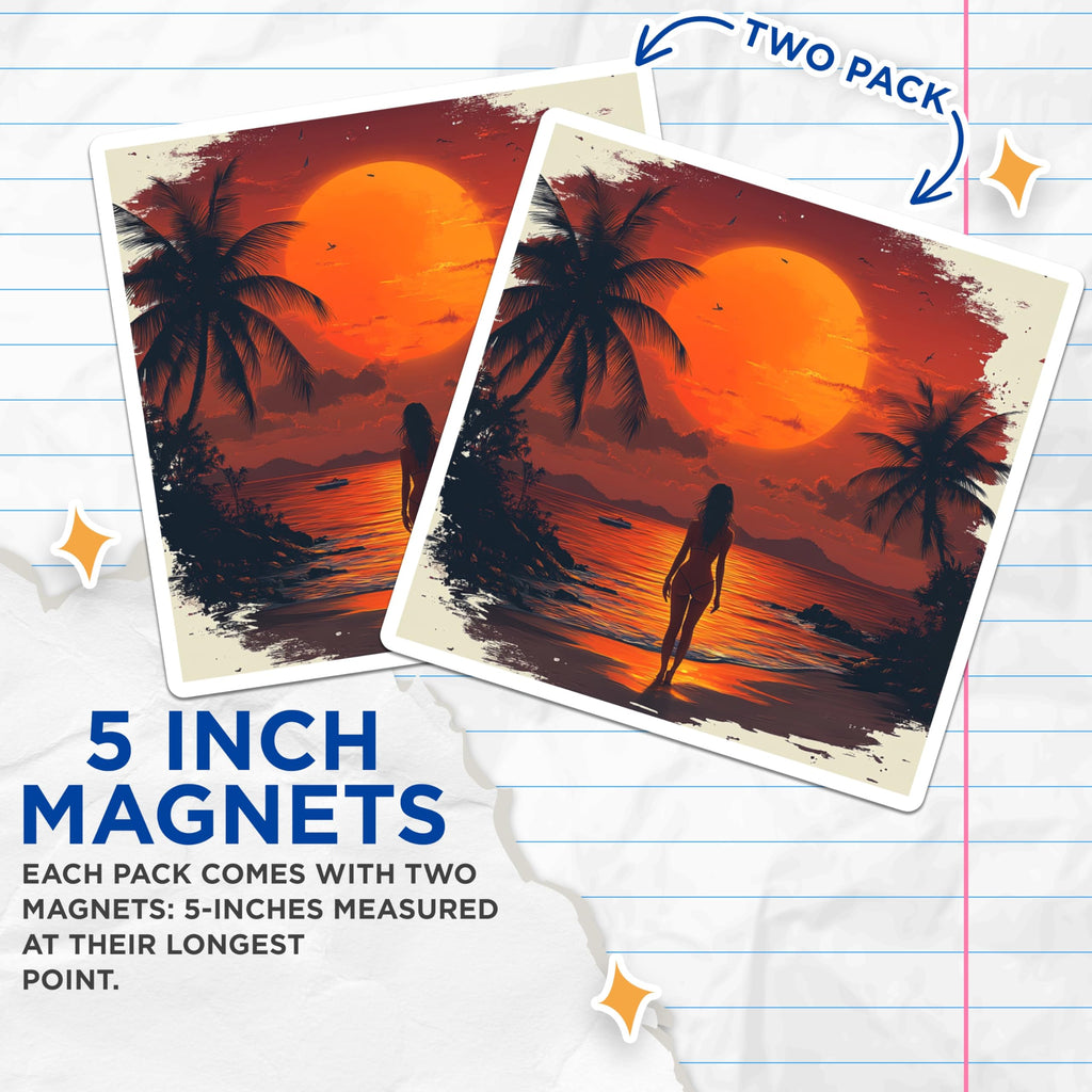 (2 Pack) Tropical Sunset Magnets - Beach Vacation Scene - Retro Summer Decor - Wanderlust Aesthetic - 5 Inches On Longest Side - Thick Durable Magnet - Made in USA - MAG27941