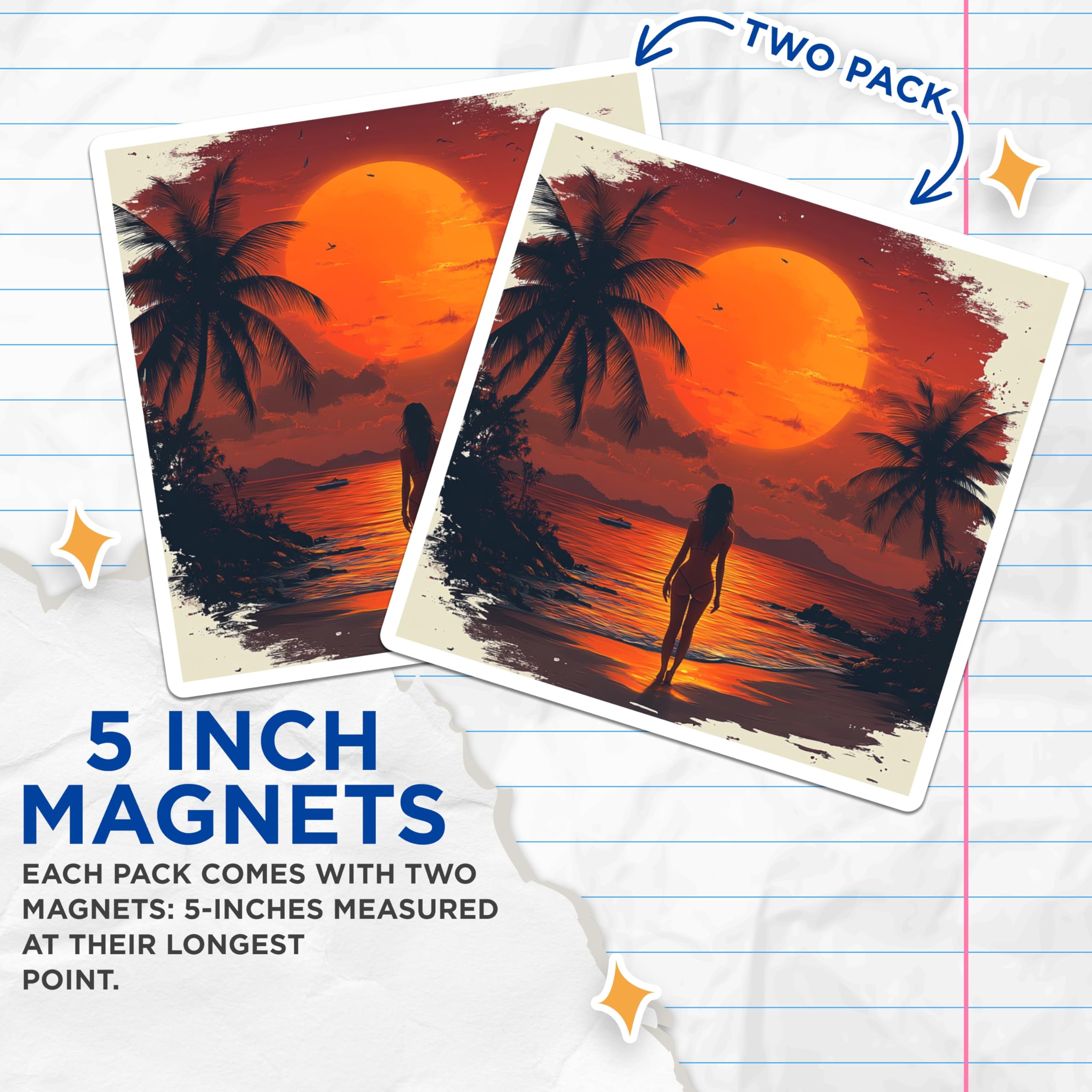 (2 Pack) Tropical Sunset Magnets - Beach Vacation Scene - Retro Summer Decor - Wanderlust Aesthetic - 5 Inches On Longest Side - Thick Durable Magnet - Made in USA - MAG27941
